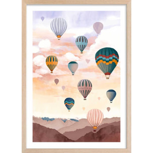 Affiche enfant ciel de montgolfière  Affiche + cadre en bois - Chêne
