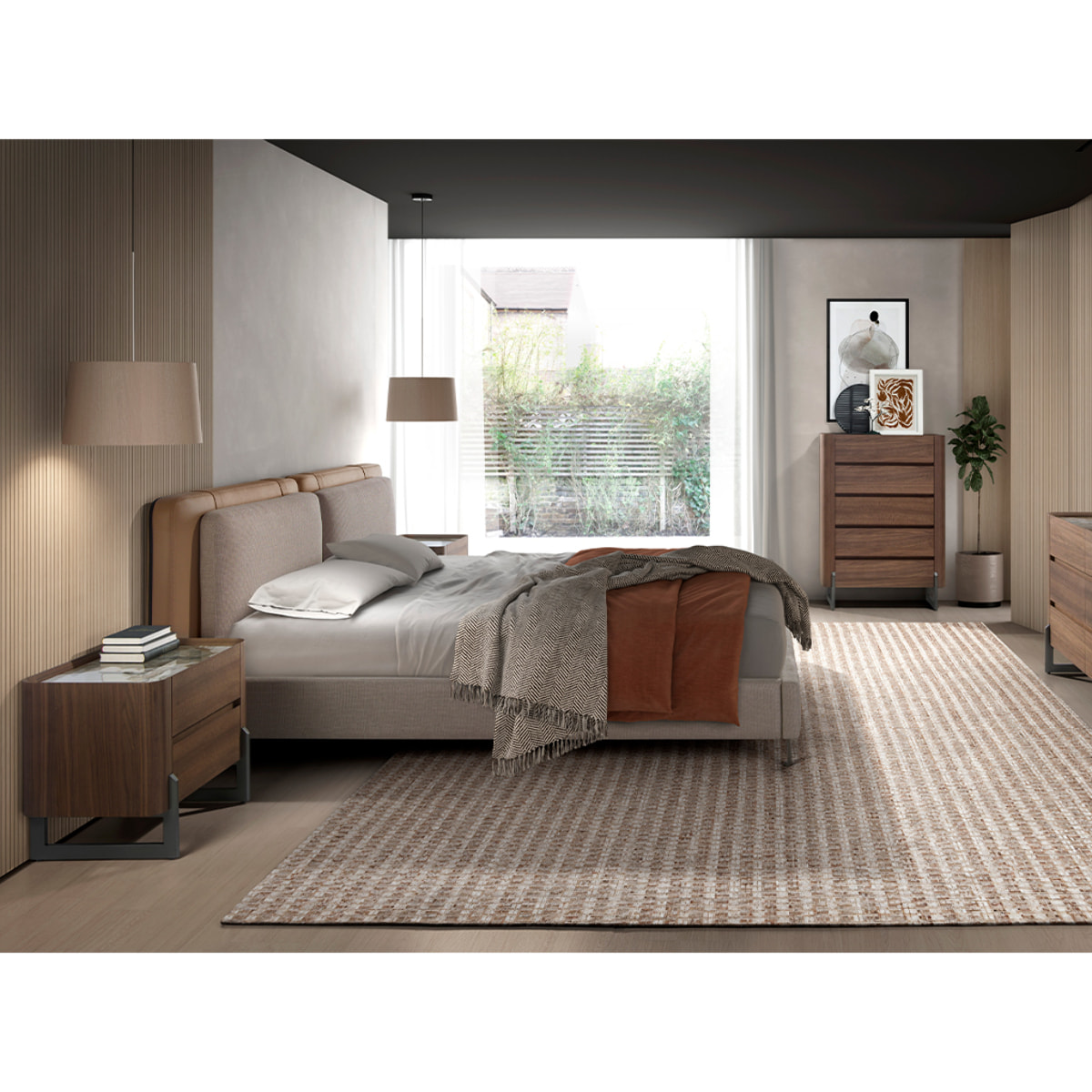 Chifonier de madera chapada en nogal natural y patas de acero inoxidable oscuro metalizado 80x40x112cm