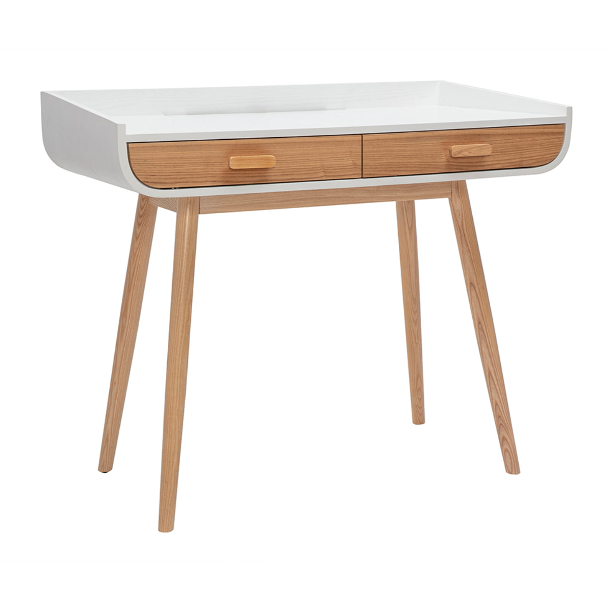 Bureau scandinave blanc et bois clair avec rangements 2 tiroirs L100 cm HALLEN