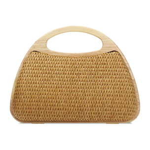 Mini bag donna camel in raffia con manico in legno