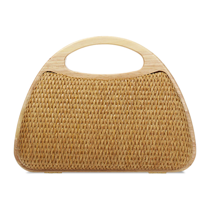 Mini bag donna camel in raffia con manico in legno