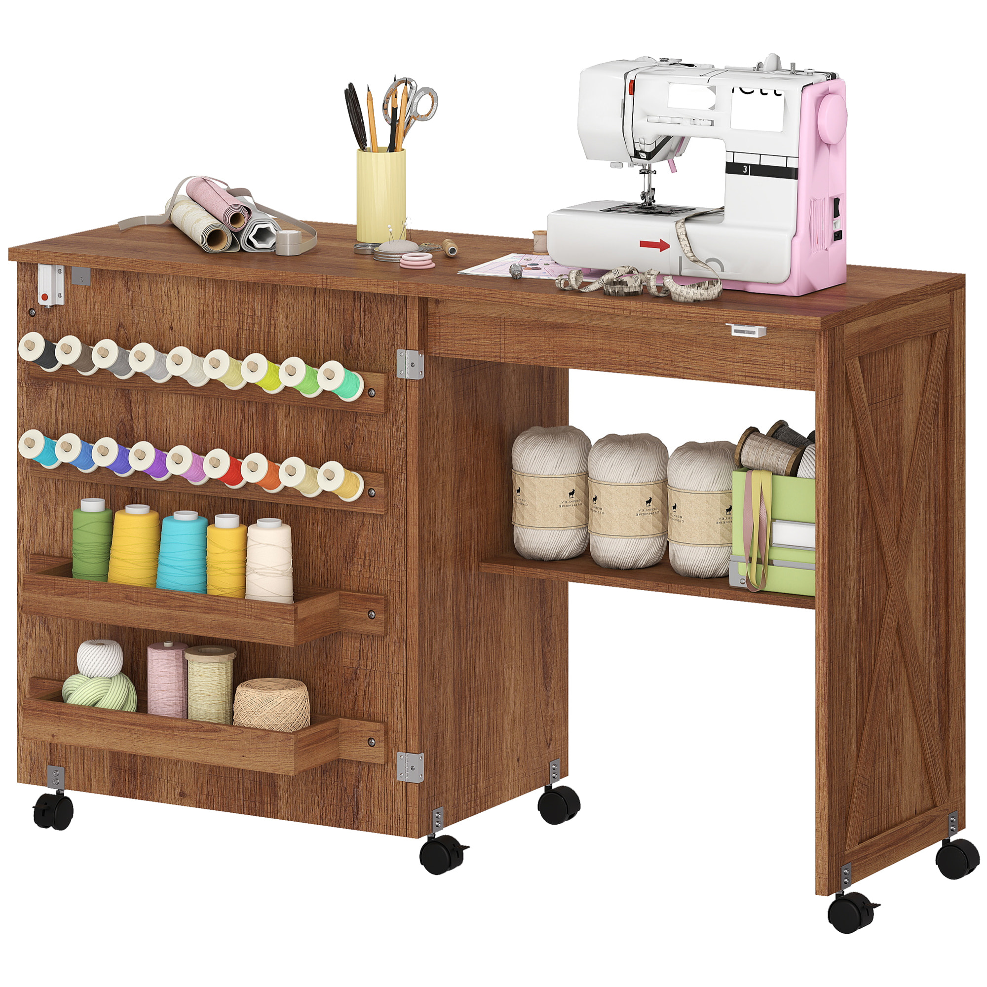Table de couture pliable mobile 2 bacs 18 porte-bobines étagère bois