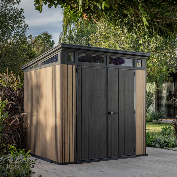 Pent 7x7 - Casetta da Giardino 216x226x218 cm 2 Ante per deposito attrezzi finitura effetto legno Evotech+ in Resina Marrone e Nero