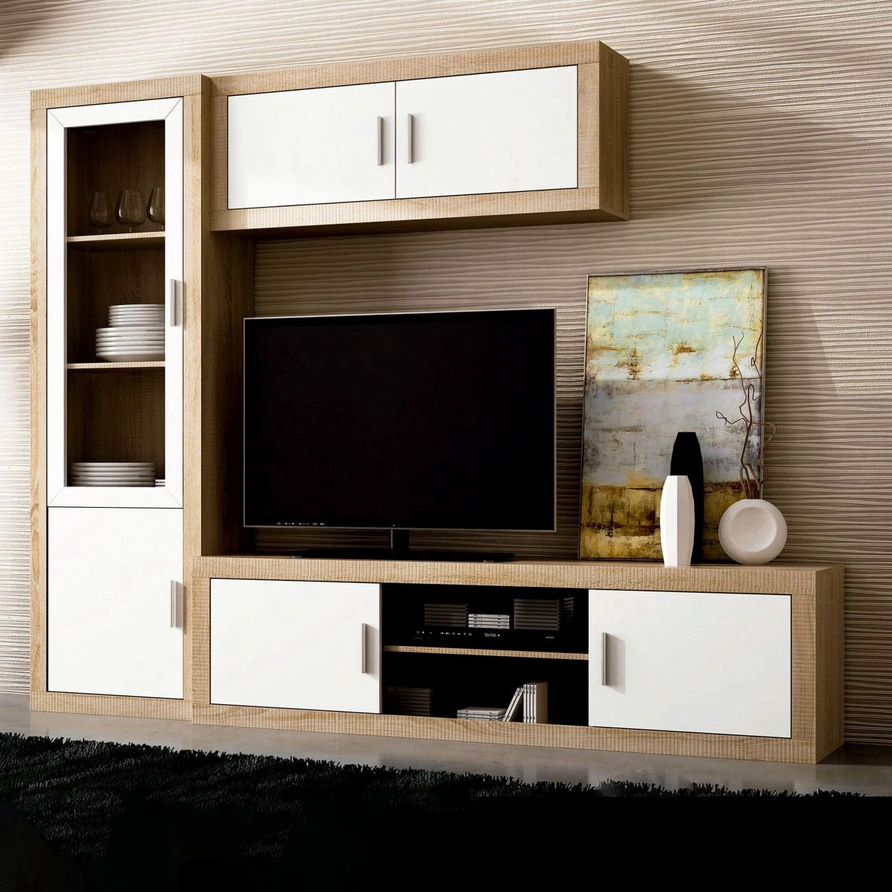 Salón modular con gran capacidad de almacenaje en cambria y blanco 240 cm Nuka V1 Cambria - Blanco