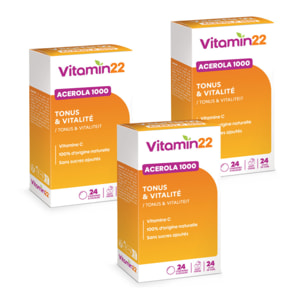 VITAMIN'22 - Acerola 1000 - Complément alimentaire à base d'Acérola- Vitamine C 100% d'origine naturelle - Sans sucre - Sans gluten - Goût Cerise - Cure de 24 j - Lot de 3 produits