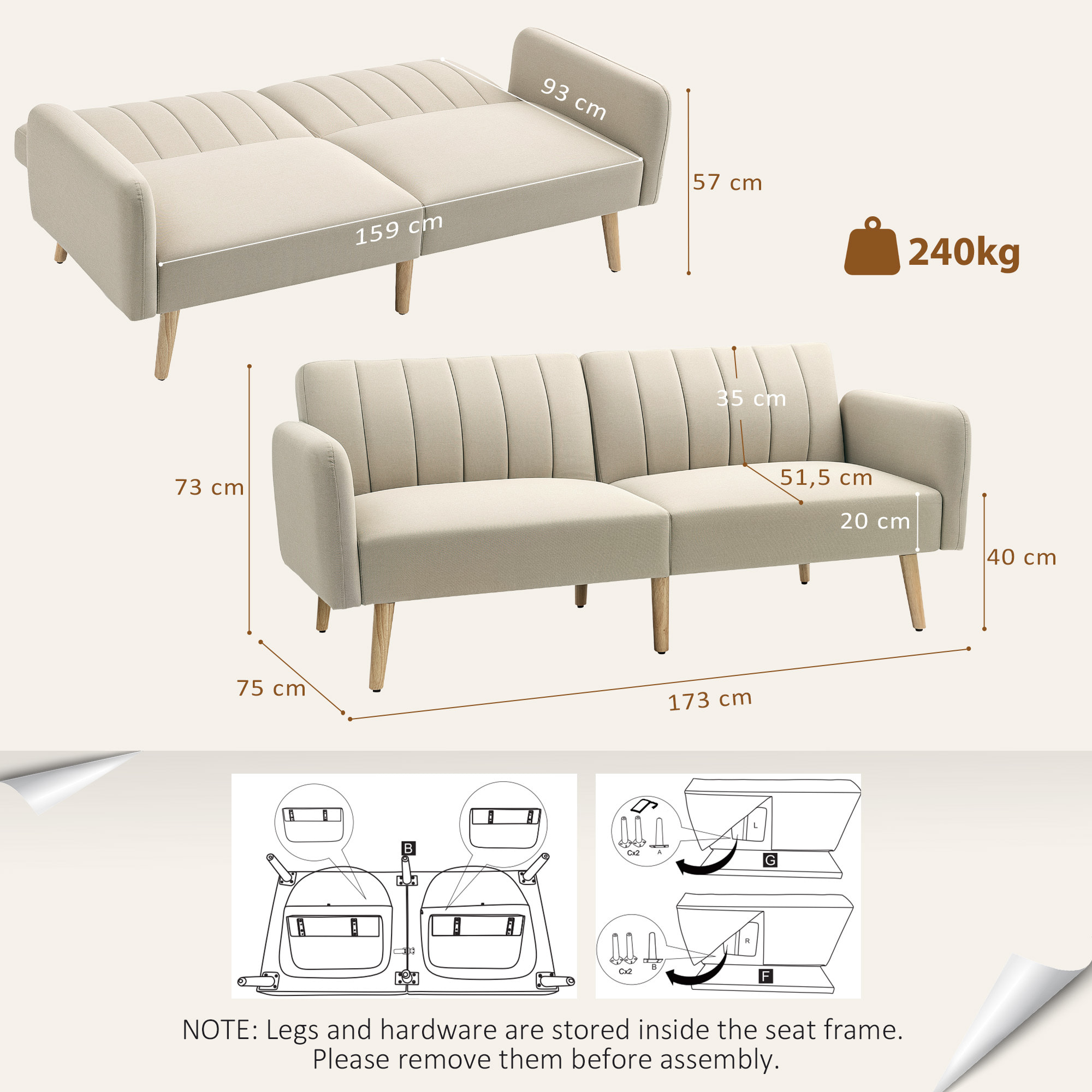 Sofá Cama de 2 Plazas Moderno 173x75x73 cm Sofá Cama Plegable Tapizado en Lino Sintético con Respaldo Ajustable en 3 Niveles y Reposabrazos Desmontables para Salón Oficina Beige