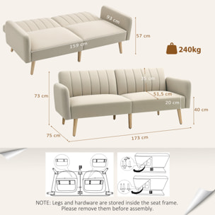 Sofá Cama de 2 Plazas Moderno 173x75x73 cm Sofá Cama Plegable Tapizado en Lino Sintético con Respaldo Ajustable en 3 Niveles y Reposabrazos Desmontables para Salón Oficina Beige