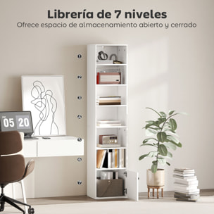 Librería de 7 Niveles, Estantería para Libros con Estantes Ajustables y Puerta, Estantería Moderna, 40x30x180 cm, para Salón, Dormitorio, Estudio, Oficina, Blanco