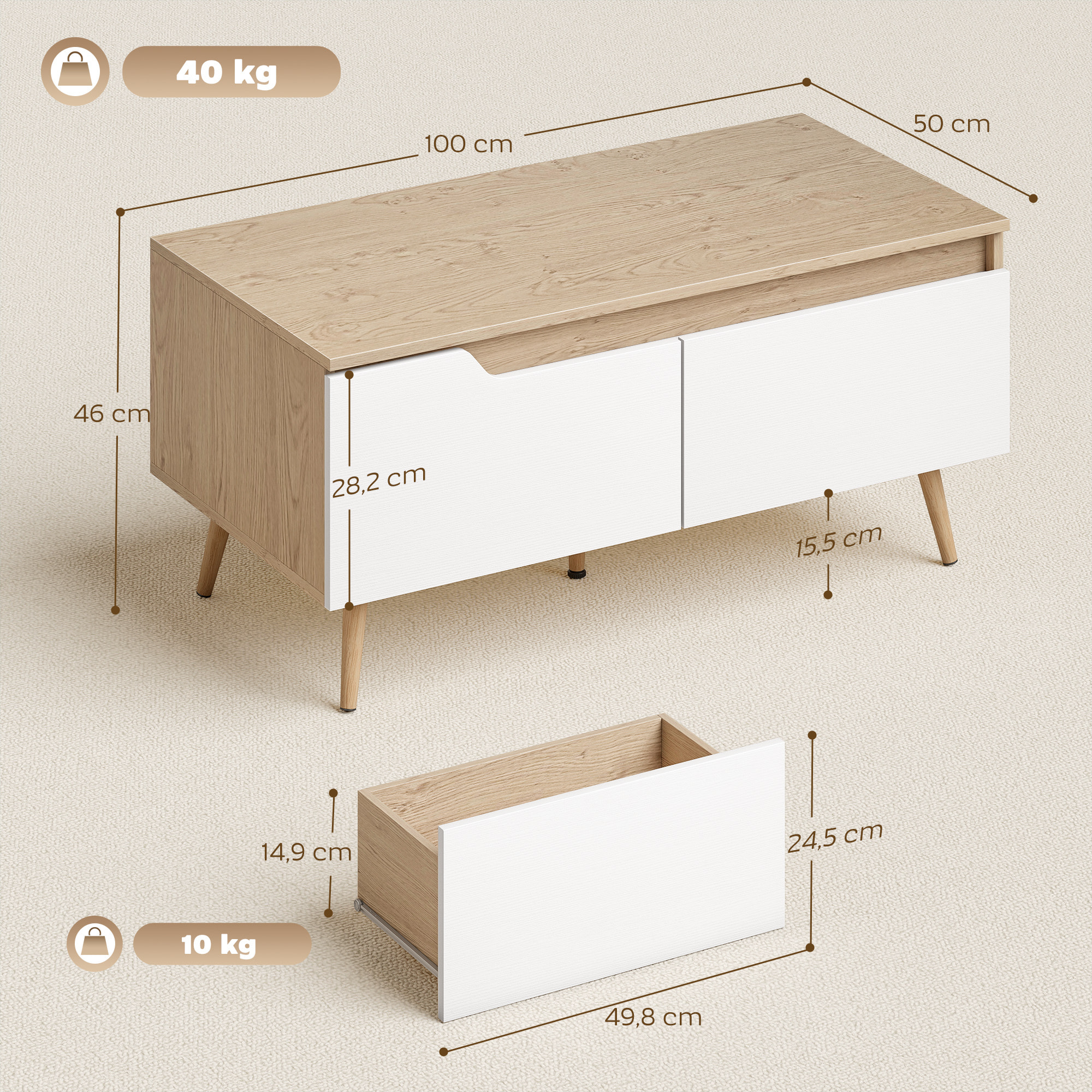 Mesa de Centro, Mesa baja para Salón Moderno con 2 Cajones, Patas de Madera de Pino, para Sala de Estar, Dormitorio, 100x50x46cm, Roble