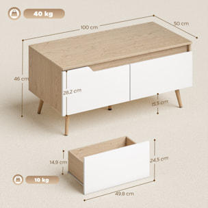 Mesa de Centro, Mesa baja para Salón Moderno con 2 Cajones, Patas de Madera de Pino, para Sala de Estar, Dormitorio, 100x50x46cm, Roble