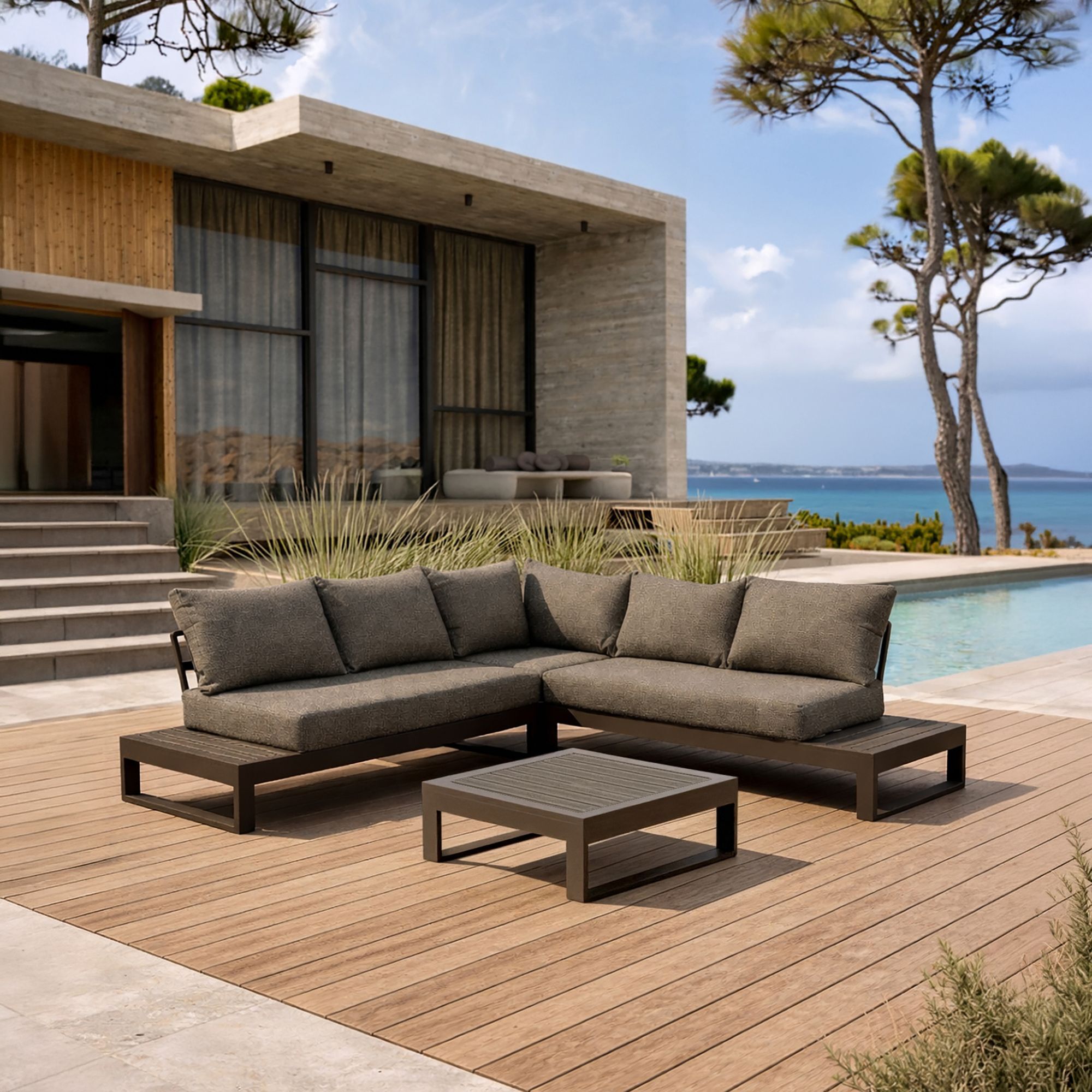 Salon de jardin d'angle en aluminium et polywood moka 5 places MADRAGUE