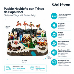 Pueblo navideño con trineo de papá noel con luces led, movimiento y música, usb o pilas 59,5x35,5x38,5 cm