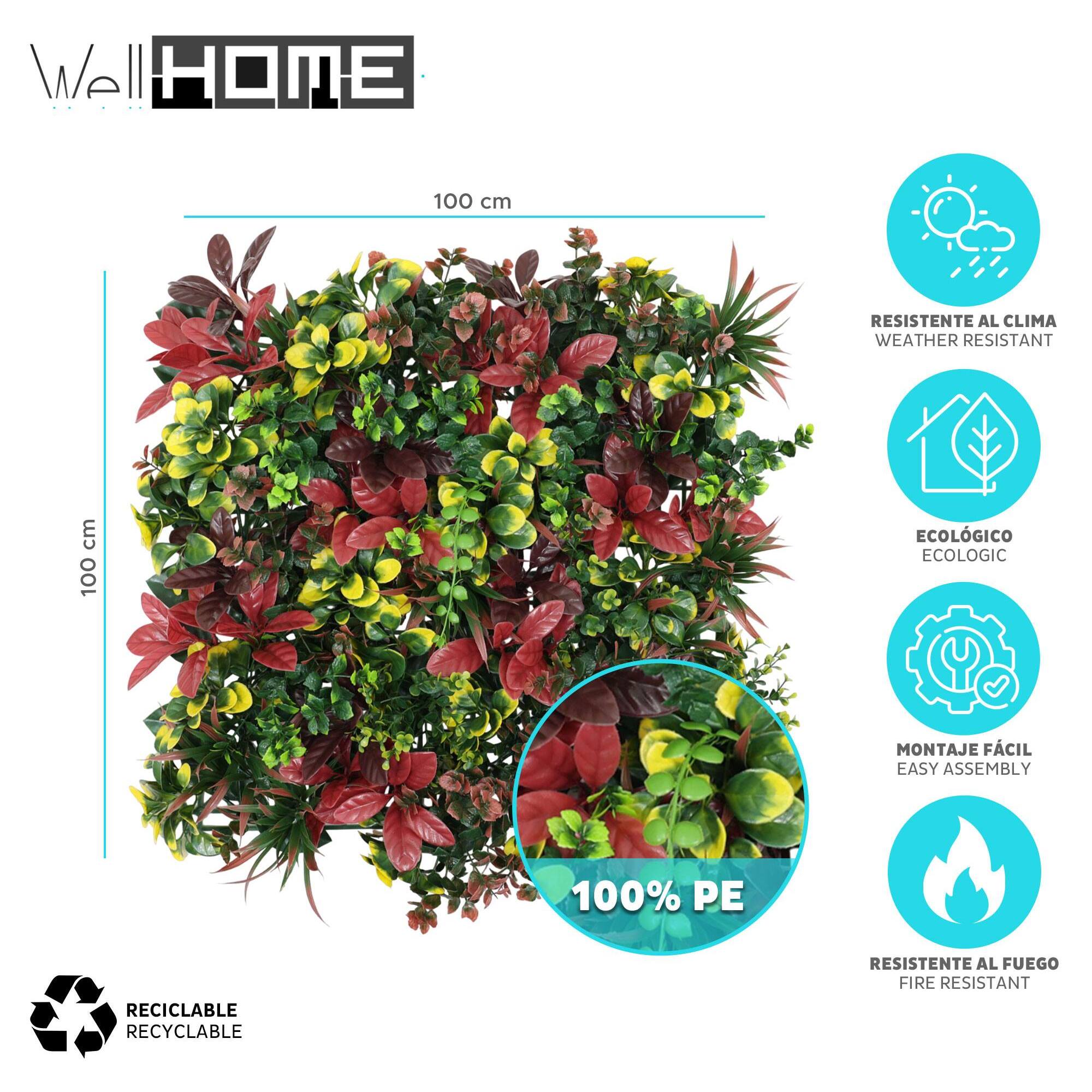 Well home jardín vertical artificial, panel de seto 100x100cm, para decoración interior y exterior en colores rojos y verdes para decoración natural