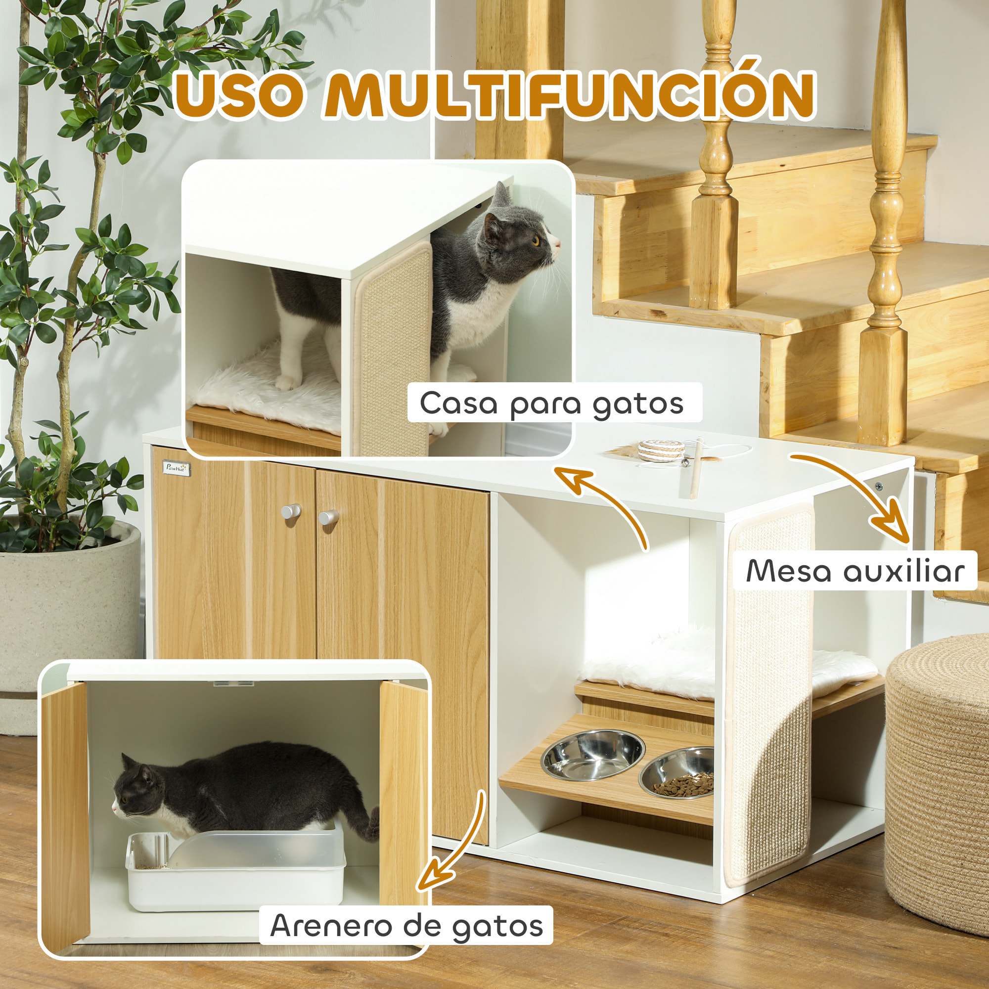 Mueble Arenero para Gatos 3 en 1 Nido Mesa Auxiliar Caja de Arena para Gatos con Puertas Cojín Tazones Estera para Rascar y Compartimento para Salón Dormitorio 95x48x50,5 cm Blanco y Roble