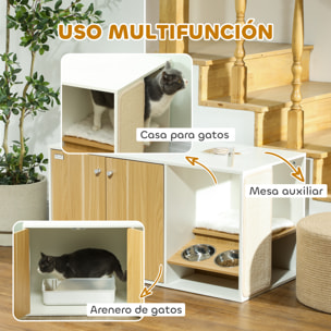 Mueble Arenero para Gatos 3 en 1 Nido Mesa Auxiliar Caja de Arena para Gatos con Puertas Cojín Tazones Estera para Rascar y Compartimento para Salón Dormitorio 95x48x50,5 cm Blanco y Roble
