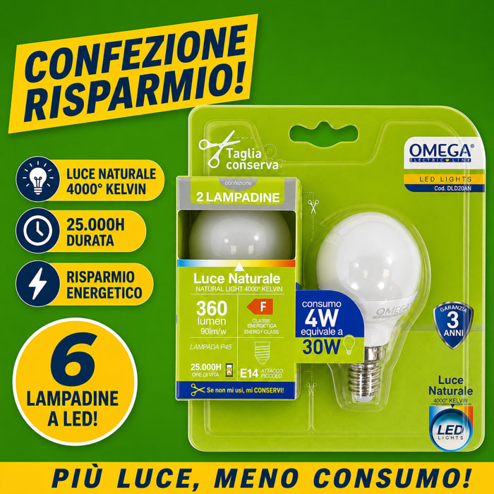 OMEGA Set 6 lampadine sfera led 4W E14 4000K