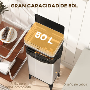 Cubo de Basura Cocina Automático 50 L, Papelera de Cocina de Acero Inoxidable con Sensor Infrarrojo, Cierre Suave, Patas, Anillo de Retención, Antihuellas, para Oficina, Hogar, Plata