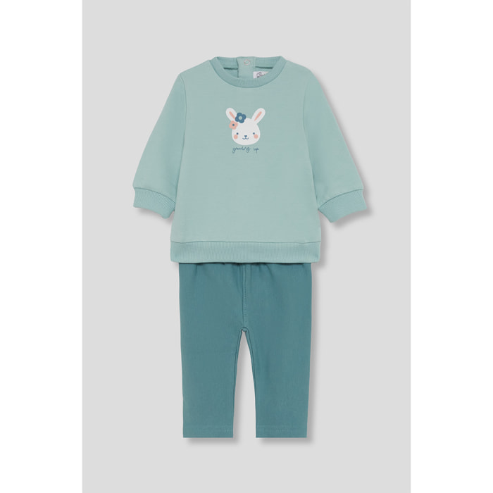 Conjunto bebé niña sudadera verde y leggings eucalipto, estampado de conejito y botones en la espalda | Color: Verde claro | Street Monkey
