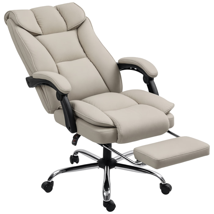 Silla de Escritorio con Reposapiés, Silla de Oficina Giratoria, con Respaldo Reclinable y Alto, Acolchado Grueso Doble, Tapizada en Cuero Sintético Resistente, Altura Ajustable, Caqui