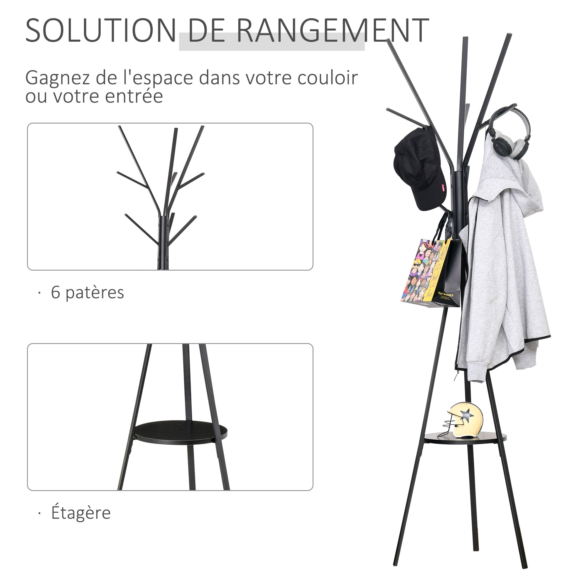 Porte-manteau trépied design contemporain branches étagère + 9 patères dim. 45L x 45l x 180H cm métal noir