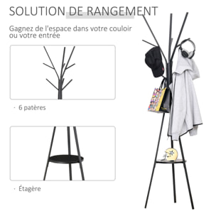 Porte-manteau trépied design contemporain branches étagère + 9 patères dim. 45L x 45l x 180H cm métal noir