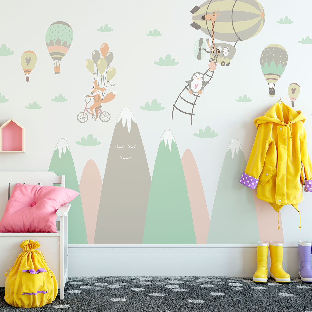 Stickers muraux enfants - Décoration chambre bébé - Autocollant Sticker mural géant enfant montagnes scandinaves ANIMAUX JOUEURS