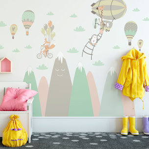 Stickers muraux enfants - Décoration chambre bébé - Autocollant Sticker mural géant enfant montagnes scandinaves ANIMAUX JOUEURS