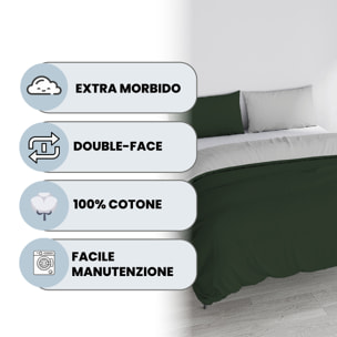 PARURE COPRIPIUMINO NATURAL COLOR, 100% Cotone, Made in Italy - VERDE OLIVA/GRIGIO CHIARO