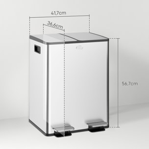 Cubo de Basura de Cocina con 2 Compartimentos 2x20L Papelera Cocina de Acero Inoxidable con Pedal Tapas de Cierre Suave y Cubo Extraíble para Dormitorio Oficina Salón Plata