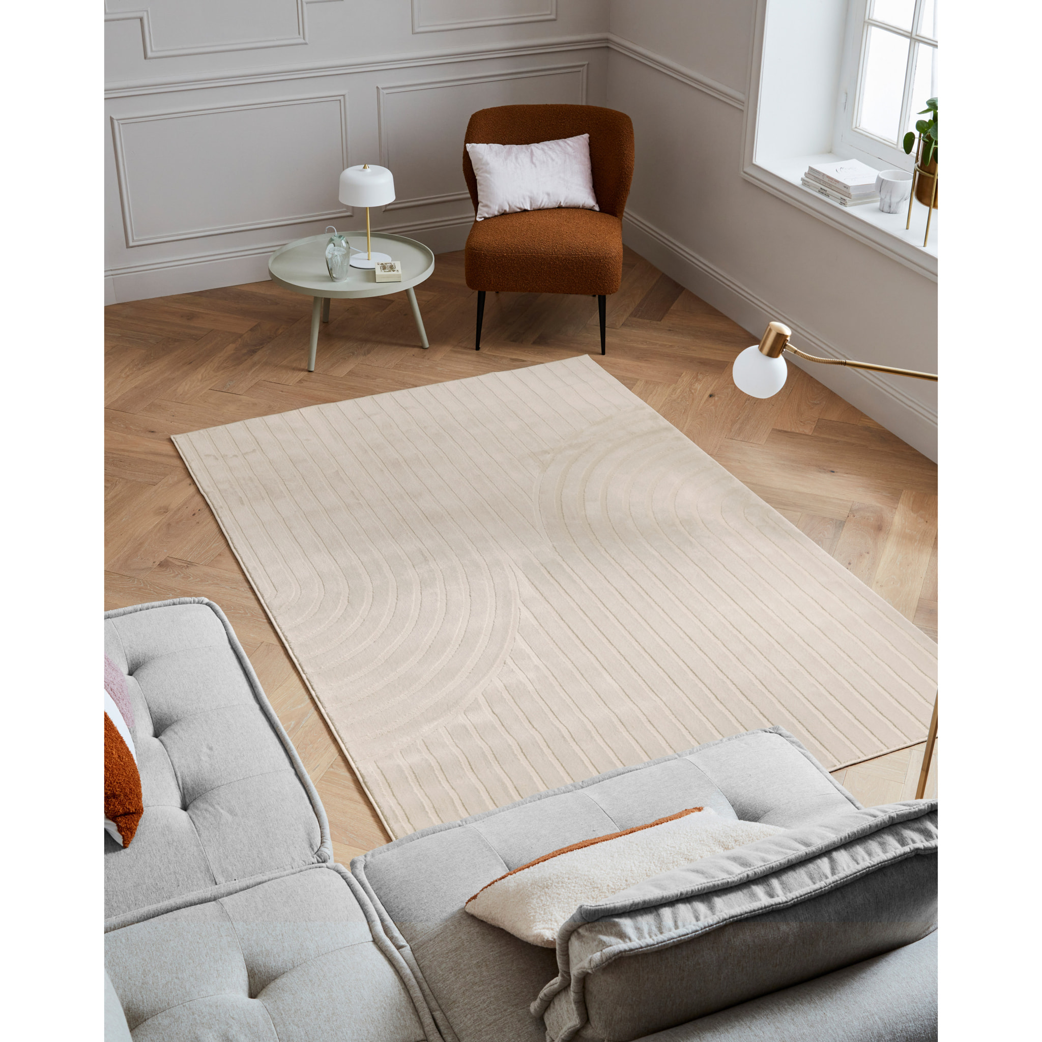 BLOOM - Tapis poils ras motif en relief - Crème