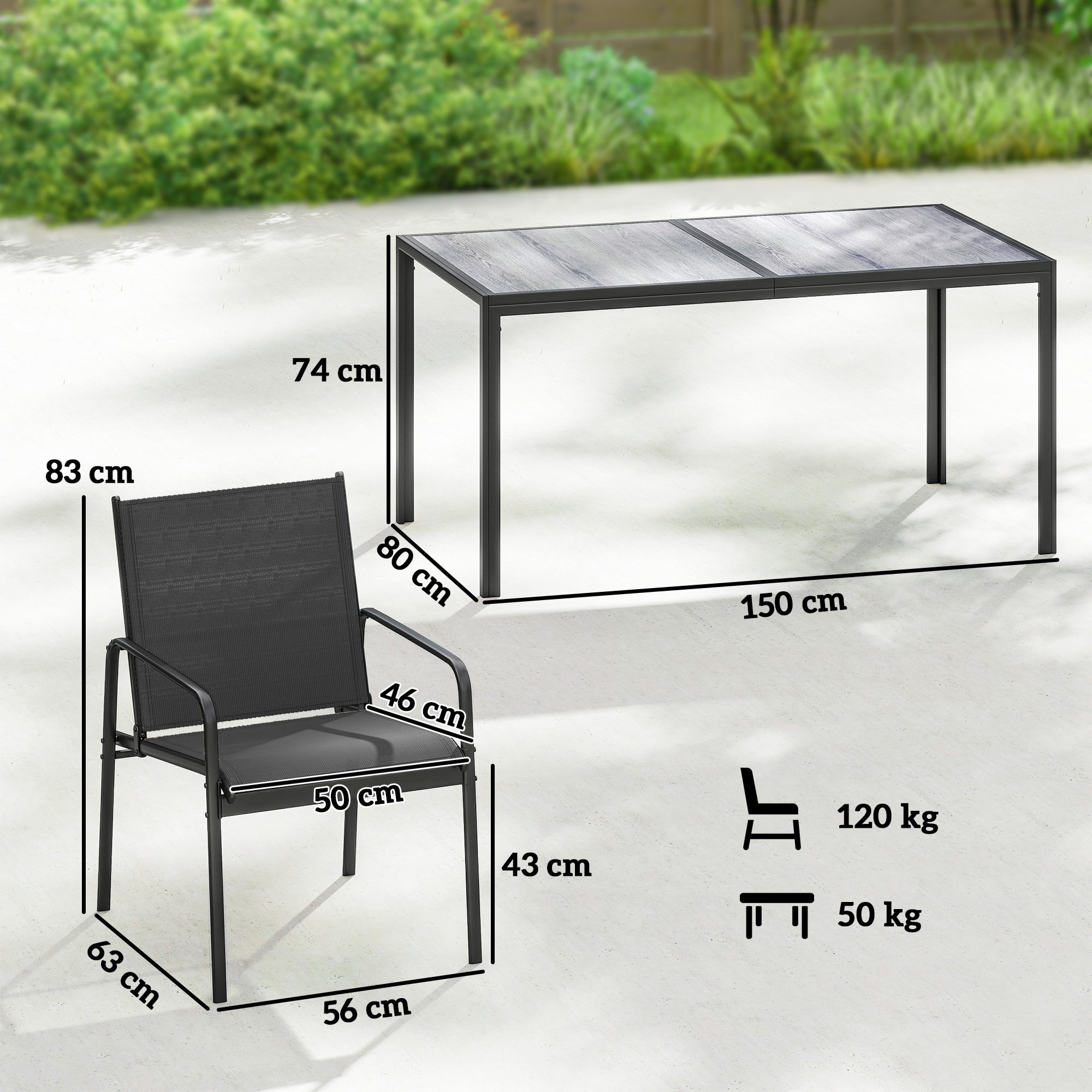 Conjunto de Mesa y Sillas Jardín de 7 Piezas, Muebles de Jardín Exterior con Mesa de Efecto Madera y 6 Sillas con Asiento Transpirable, Marco de Acero Galvanizado, para Terraza, Patio, Negro