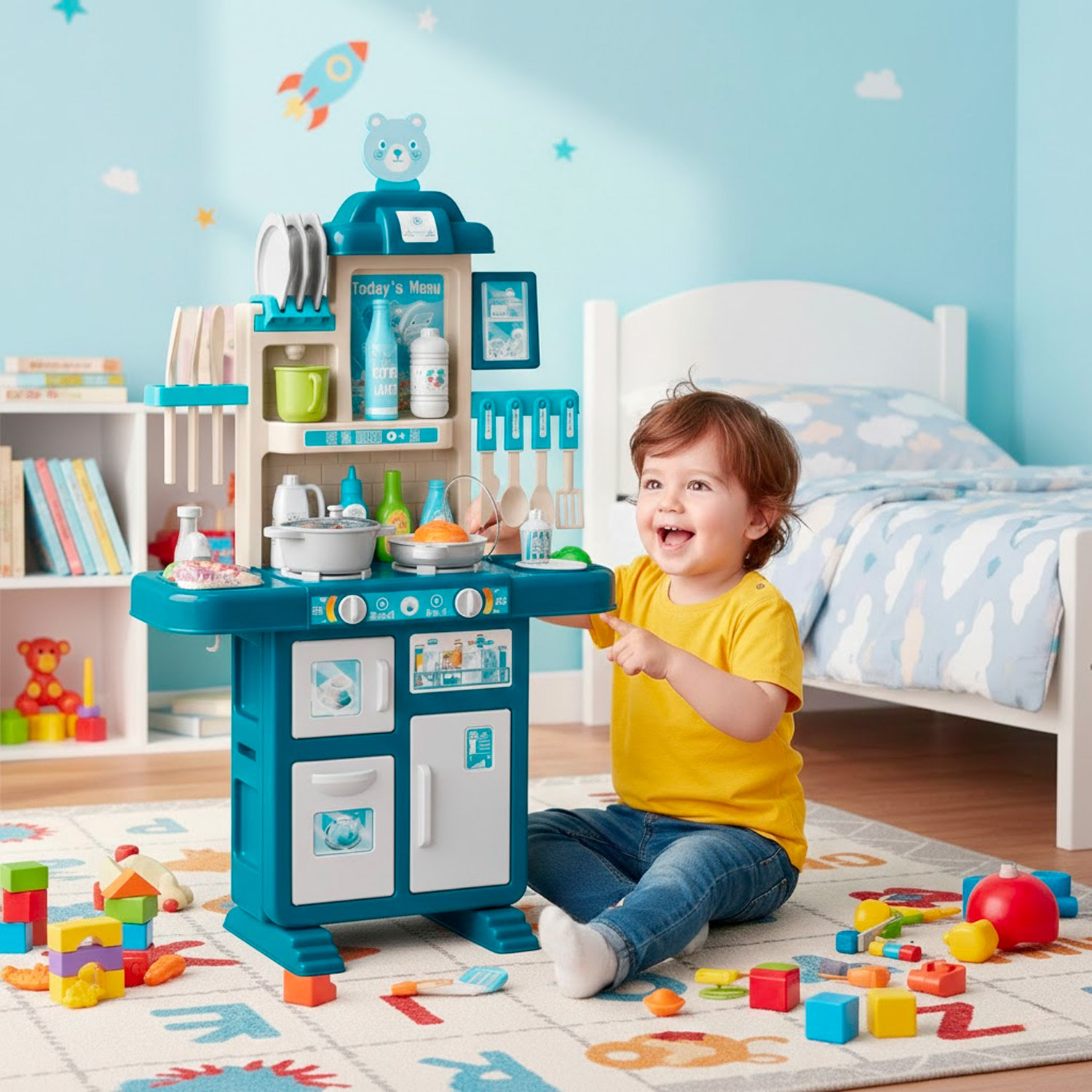 Cucina Giocattolo Per Bambini Con Luci E Suoni Realistici 69 Accessori Rubinetto Con Sistema Di Riciclo Dell'Acqua E Fornelli 3-5 Anni Blu e Bianco