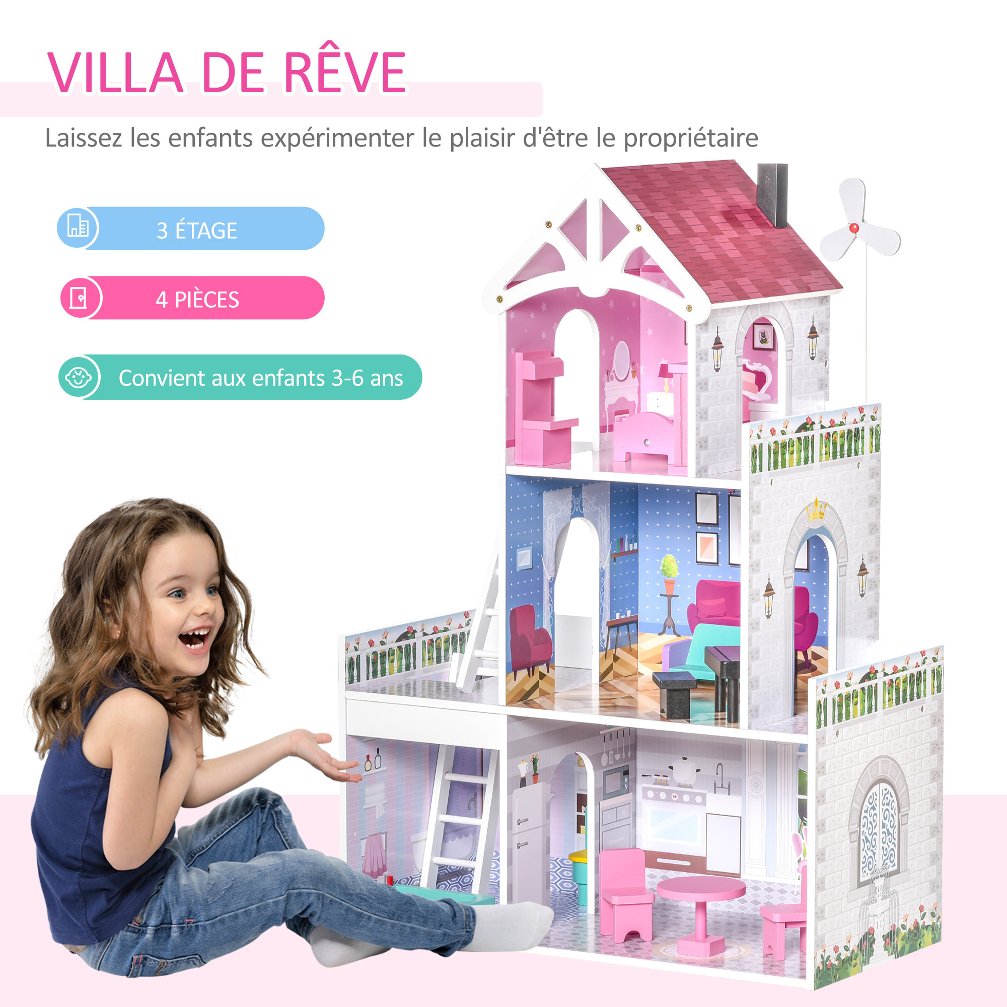 Maison de poupée 3 étages jeu d'imitation grand réalisme multi-équipements MDF rose