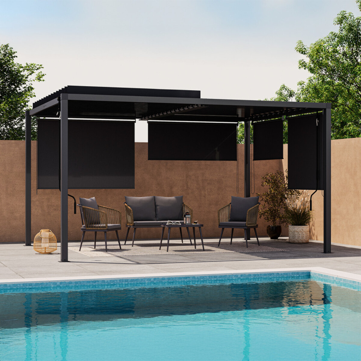 Pergola bioclimatique en acier polycarbonate 3x4m avec stores