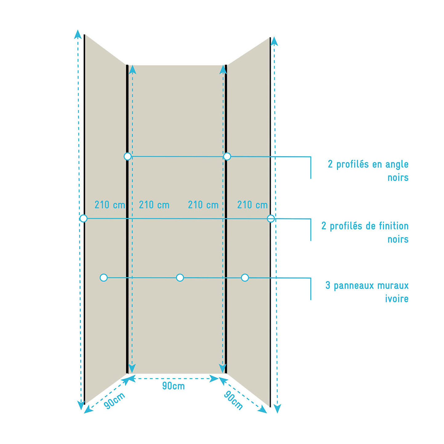 Pack de 3 Panneaux Muraux Aluminium Ivoire 90x210 cm avec Profilés Noirs - WALL'IT