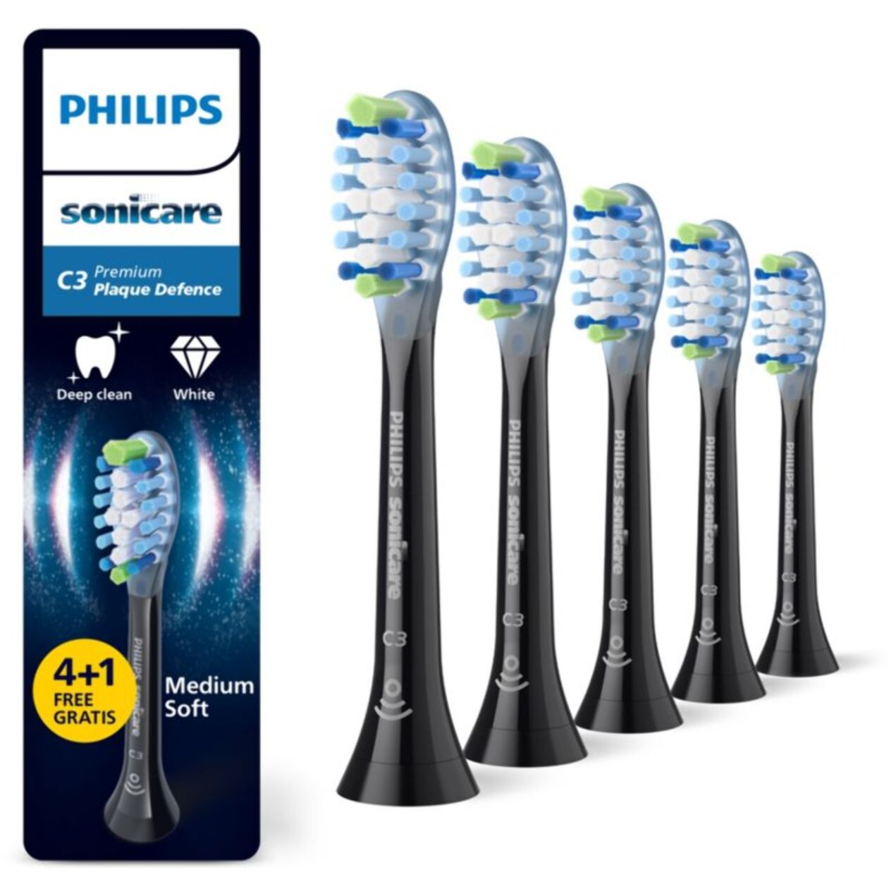 Brossette dentaire PHILIPS Sonicare lot de 4+1 - HX9045/88  black Premium Plaque Defence C3