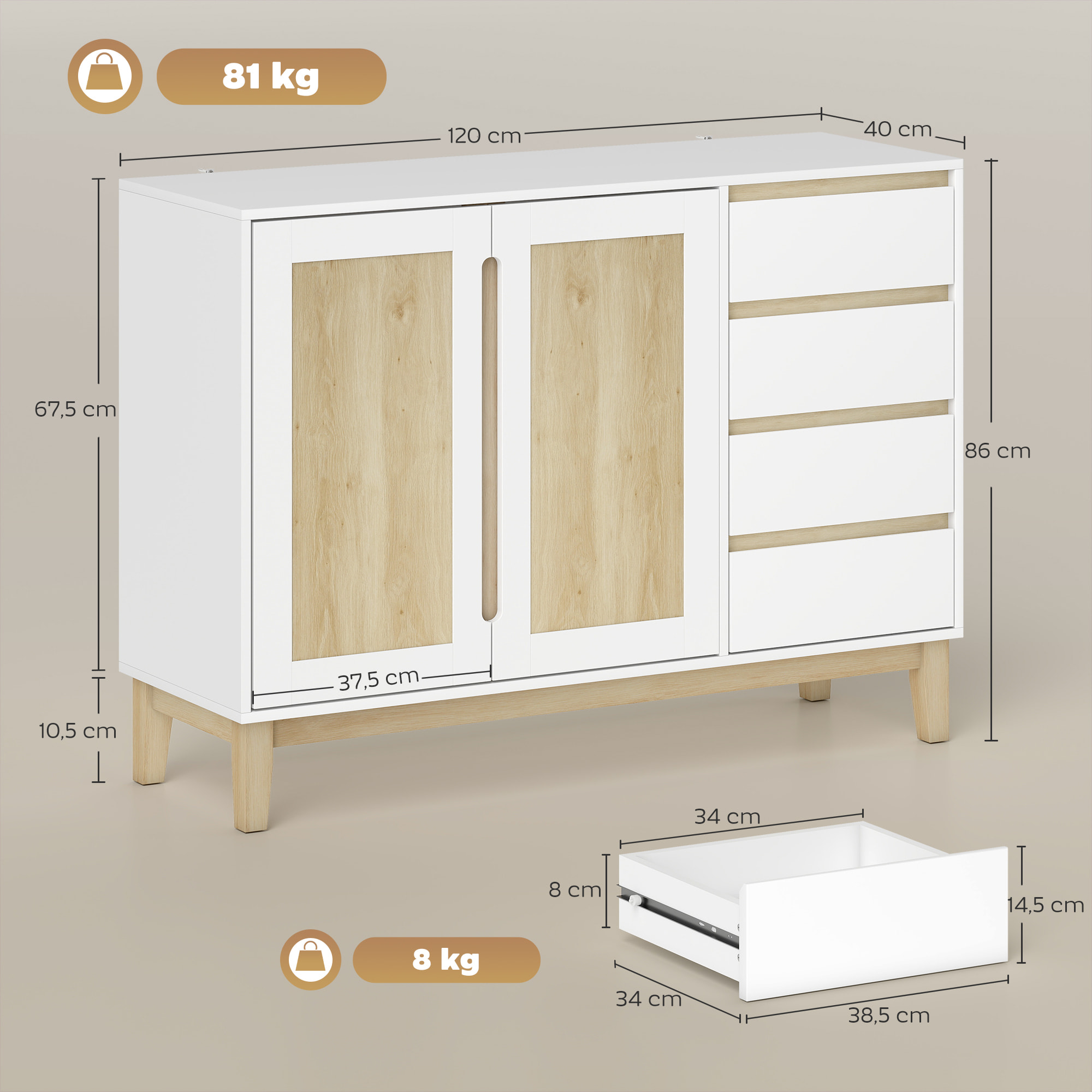 Buffet style nordique - 2 portes, étagère, 2 tiroirs - piètement bois banc effet bois clair