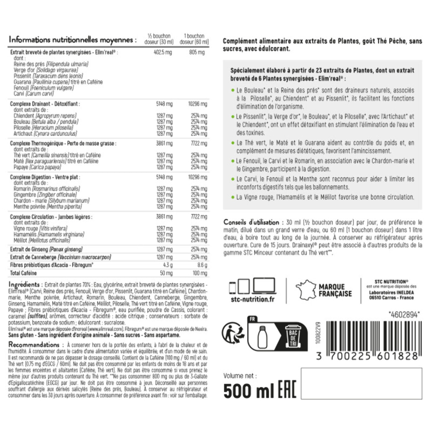 STC NUTRITION - Drainaxyl 500 - 4 actions : Brûle-graisses, Digestion ventre plat, Circulation jambes légères, Drainant, Détoxifiant - 23 Extraits de plantes dont Elim'Real® - Goût thé pêche - 500ml - Lot de 3
