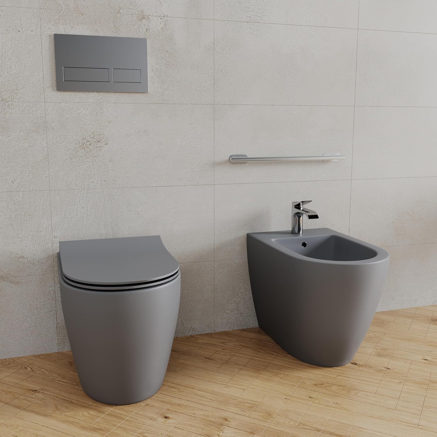 Coppia Sanitari Filomuro Parete Vaso WC Rimless Senza Brida Tornado Flush E Bidet Moderno In Ceramica Copriwater Chiusura Soft Close Grigio Opaco