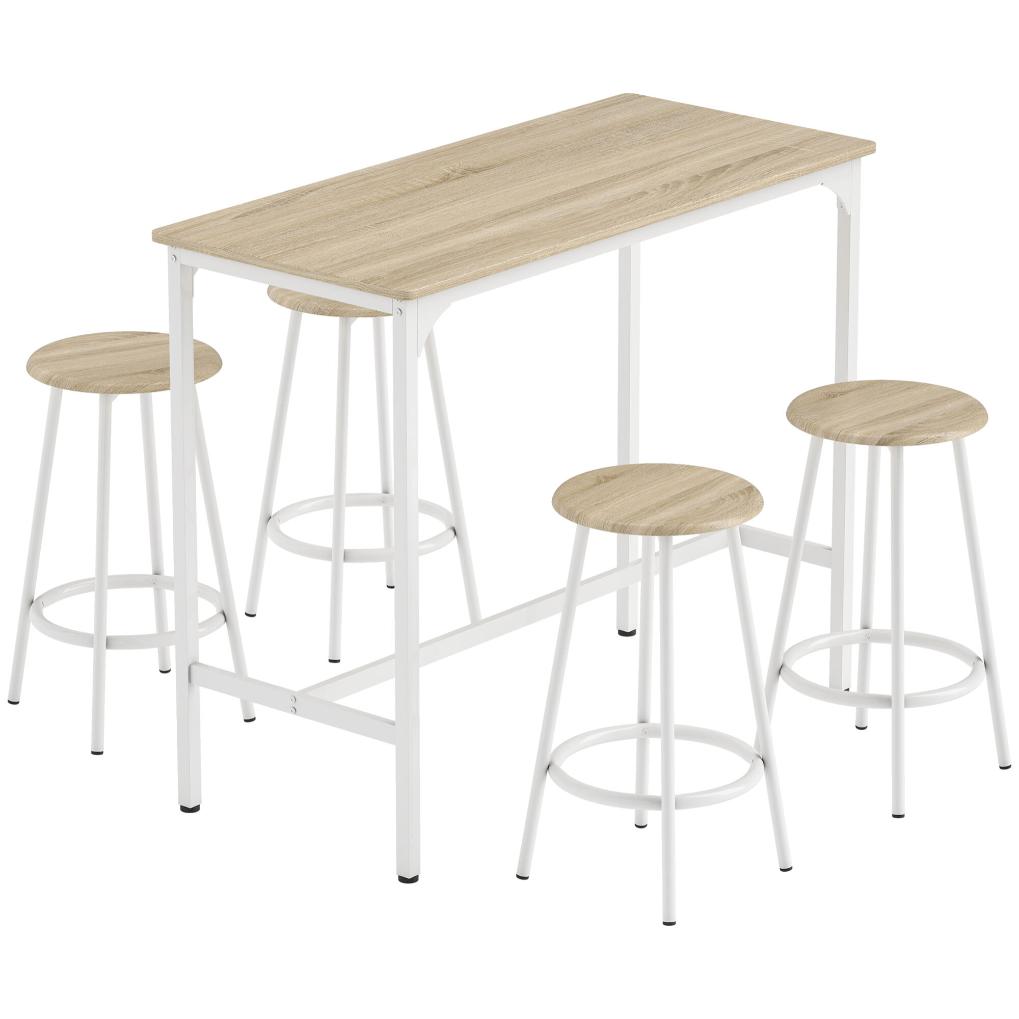 Conjunto Mesa Alta de Cocina con 4 Taburetes, Mesa de Bar Alta, Ahorro de Espacio, para Pisos Pequeños, Comedor, Balcón o Isla Cocina 110x50x89,5 cm, Natural y Blanco