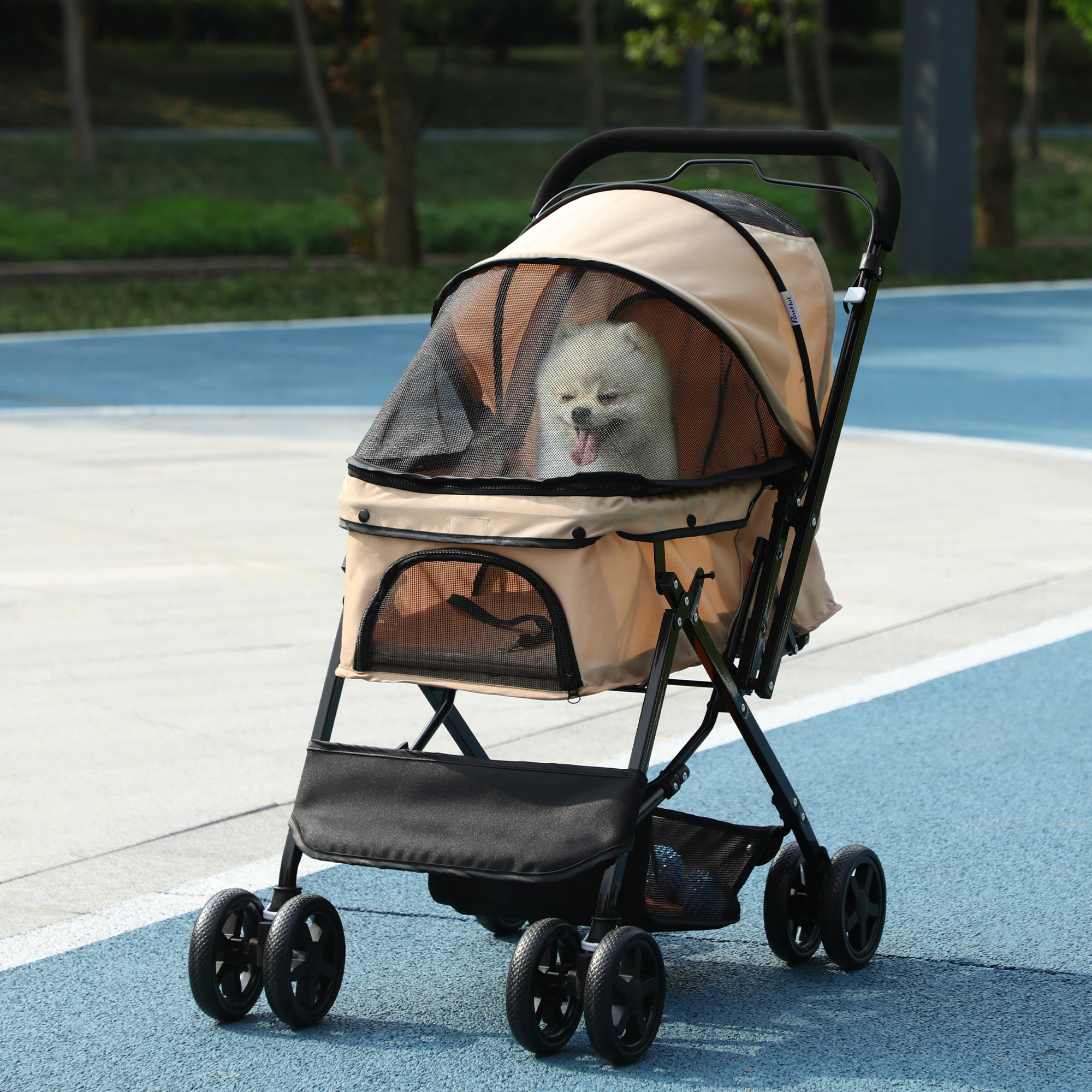 Poussette buggy pliable chien chat panier et sac de rangement attaches sécurité housse réglable poignée réglable acier Oxford beige