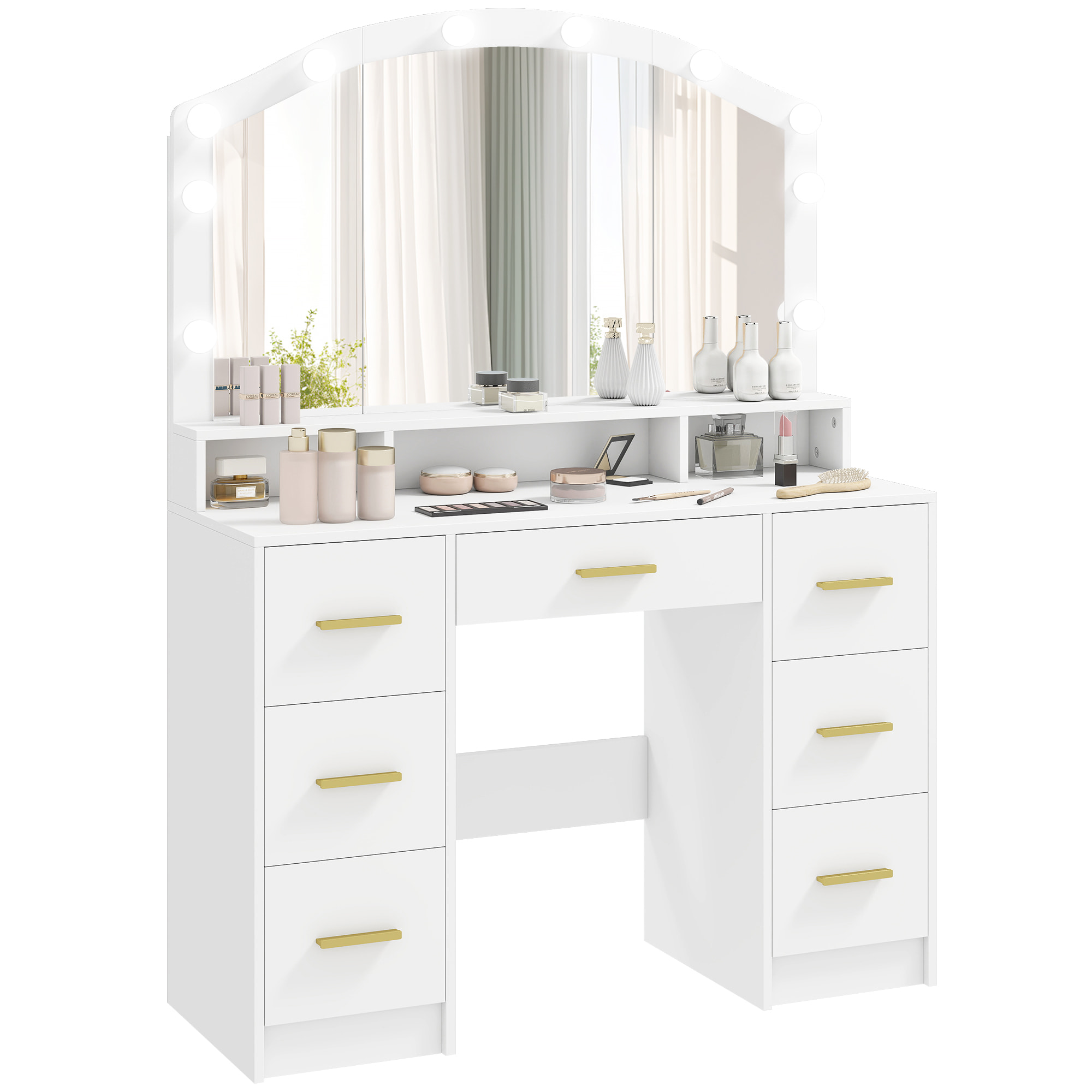 Tocador con 10 Luces LED de 3 Colores, Tocador de Maquillaje con Espejo, Mesa de Maquillaje con 7 Cajones, 3 Compartimentos, Moderno, para Dormitorio, Salón, Blanco