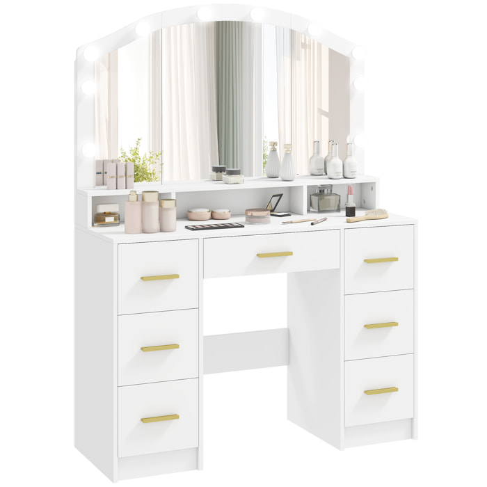 Tocador con 10 Luces LED de 3 Colores, Tocador de Maquillaje con Espejo, Mesa de Maquillaje con 7 Cajones, 3 Compartimentos, Moderno, para Dormitorio, Salón, Blanco