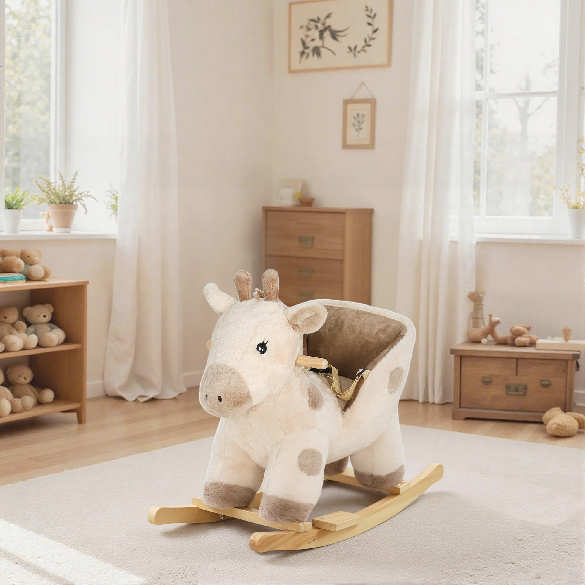 Cheval à bascule en peluche - jouet à bascule girafe - poignées, siège, ceinture réglable - beige