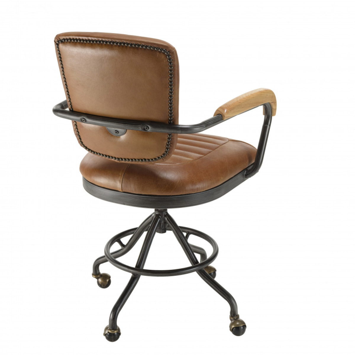 GASTON - Fauteuil DESK vintage cuir marron et métal noir à roulettes accoudoirs en bois