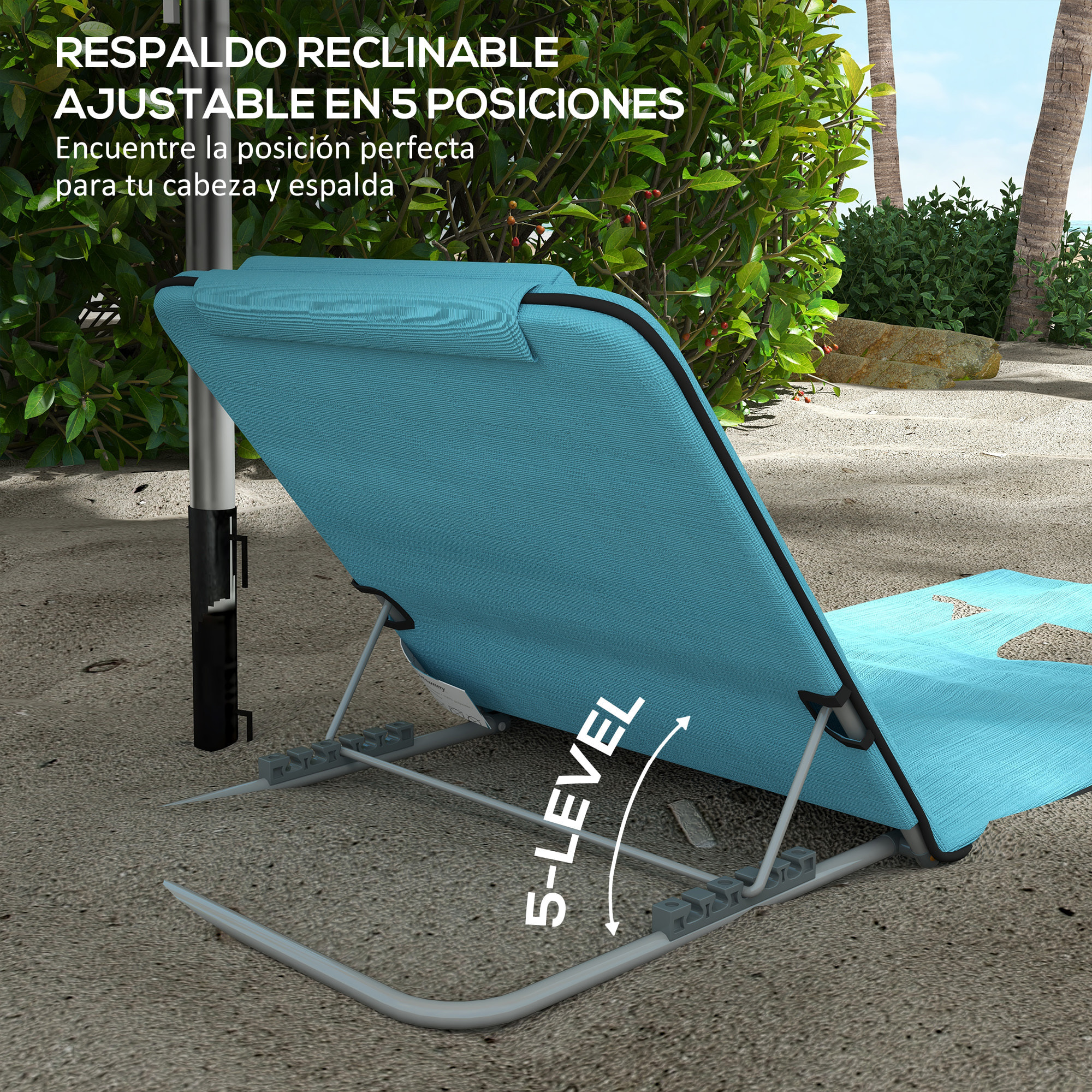 Conjunto de 2 Esterillas de Playa Plegable Esterillas con Respaldo Reclinable en 5 Niveles Reposacabezas y Bolsa de Transporte 134x48x33-43 cm Azul