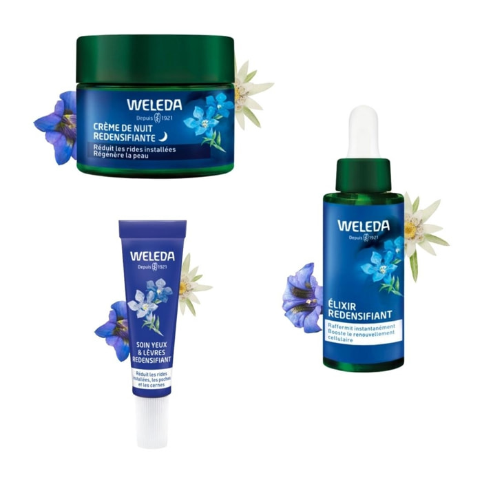 WELEDA - Trio - Crème de Nuit - Contour des yeux - Elixir -Gentiane Bleue et Edelweiss - Vegan - Certifié Natrue - Pot 40 ml x3 -Tube 10ml - Tube 30 ml