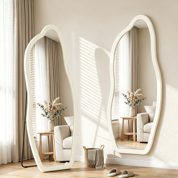 Espejo de Cuerpo Entero, 160x60 cm, Espejo de Pie, Marco Arqueado Aterciopelado, Independiente, Apoyado y de Pared, para Dormitorio, Salón, Vestidor, Crema
