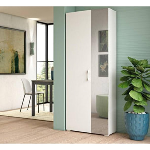 Scarpiera Tarassaco, Mobile multiuso da ingresso con anta a specchio , Armadio moderno portascarpe a 6 ripiani, 100% Made in Italy, Cm 72x37h195, Bianco