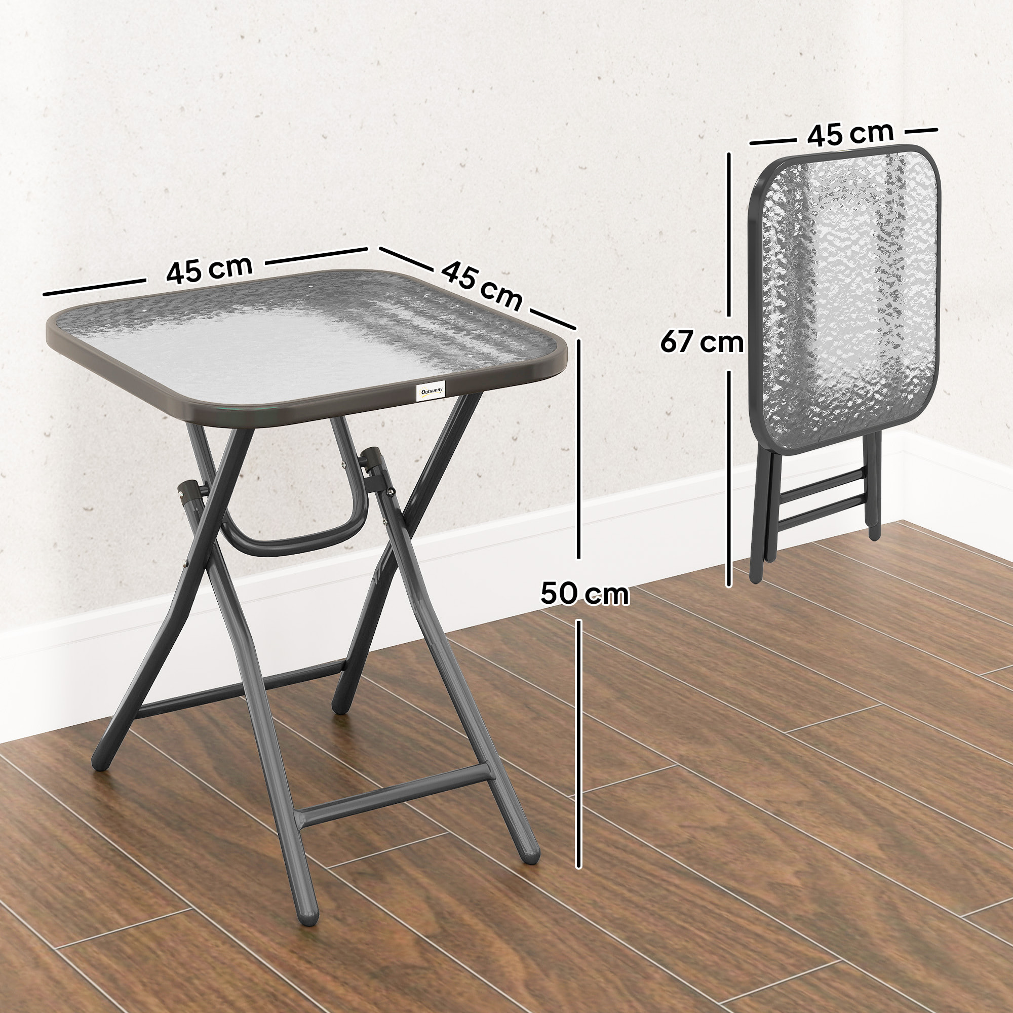 Table basse carrée bistro de jardin dim. 45 x 45 x 50 cm pliable métal époxy noir plateau verre trempé